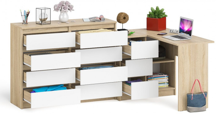 Мори Стол компьютерный МС-16 левый + Комод МК1200.8, цвет дуб сонома/белый, ШхГхВ 244,8х84,9х94 см., выдвижные ящики слев, НЕ универсальная сборкаа