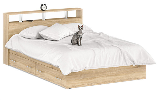 Камелия Кровать с ящиками 1400, цвет дуб сонома, ШхГхВ 143,5х217х78,2 см., сп.м. 1400х2000 мм., без матраса, основание есть