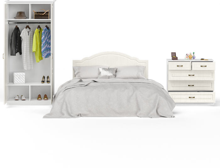 Ливерпуль Спальня № 4 Кровать 11.08ОСН + Шкаф 13.134 + карниз + Комод 10.103, цвет ясень ваниль/белый, сп. м. 1600х2000 мм., б/м, ортопед есть
