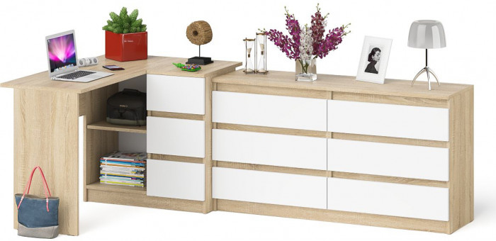 Мори компьютерный стол МС-16 правый + Комод МК1380.6, дуб сонома/белый