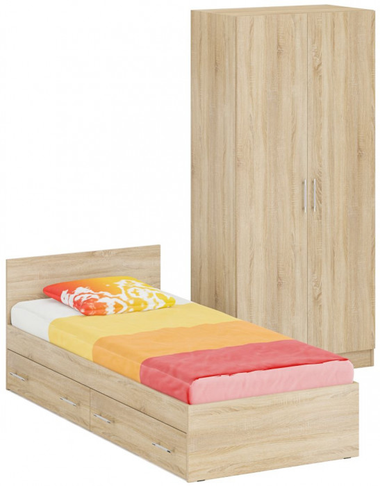 Кровать с ящиками 0900 + Шкаф 2-х створчатый Стандарт, дуб сонома