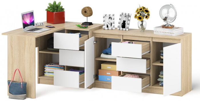 Мори компьютерный стол МС-16 правый + Комод МК1200.3, дуб сонома/белый