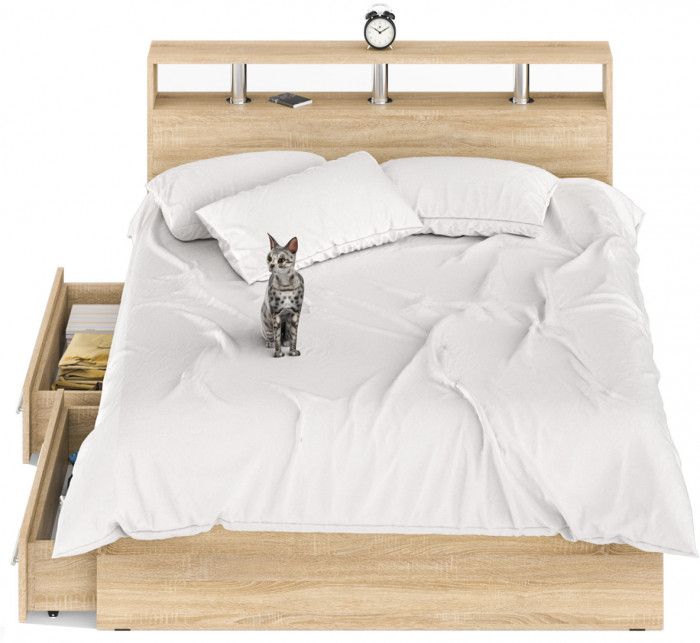 Камелия Кровать с ящиками 1400, цвет дуб сонома, ШхГхВ 143,5х217х78,2 см., сп.м. 1400х2000 мм., без матраса, основание есть