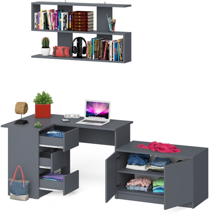 Мори Стол компьютерный МС-16 левый + Тумба МА900.1 + Полка 1200, цвет графит, ШхГхВ 214,8х84,9х209,6 см., НЕ универсальная сборка