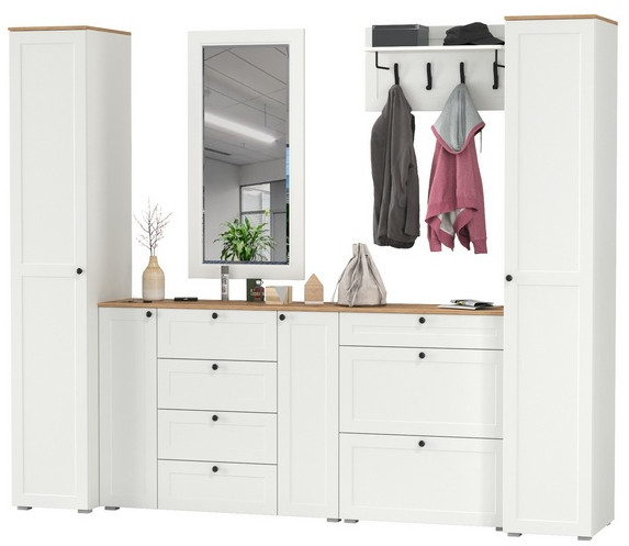 Остин Прихожая 58, цвет белый шагрень/дуб крафт золотой, ШхГхВ 280х54,3х229,6 см., универсальная сборка