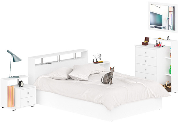 Камелия спальня № 5 Кровать 1400 + Две тумбы + Комод + Зеркало, белый