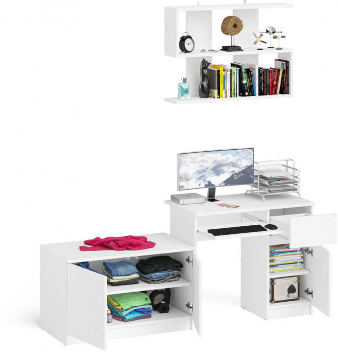 Мори компьютерный стол МС-1 правый + Тумба МА900.1 + Полка 900, белый