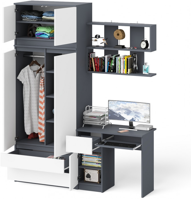 Мори Стол компьютерный МС-1 левый + Шкаф МШ900.1 + Антресоль МА900.1 + Полка 900, цвет графит/белый, ШхГхВ 180,4х50,4х234,2 см., НЕ ун. сб.