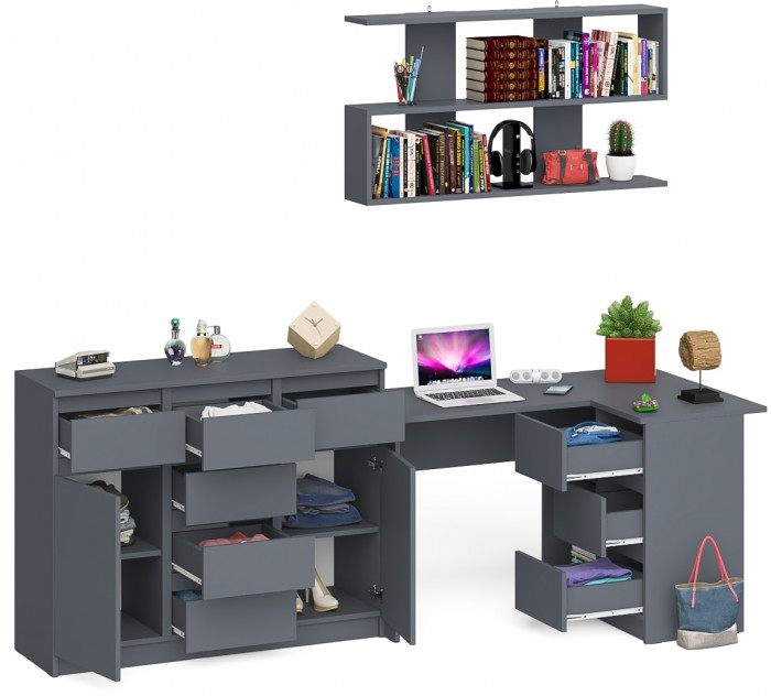 Мори компьютерный стол МС-16 правый + Комод МК1200.4 + Полка 1200, графит