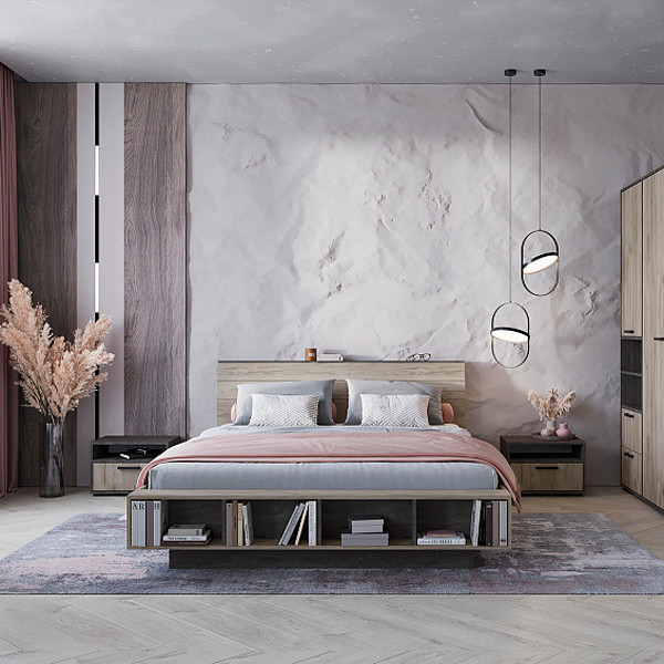 Эдинбург Кровать КР-02 1,8х2,0 (1,840х0,954х2,270) дуб крафт серый/железный камень